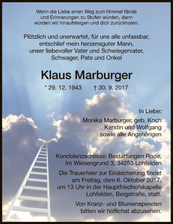Todesanzeige von Klaus Marburger von HNA