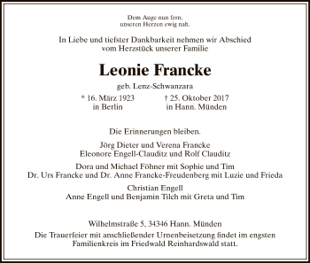 Todesanzeige von Leonie Francke von HNA