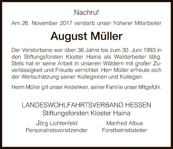 Todesanzeige von August Müller von HNA