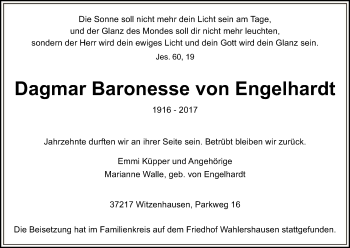 Todesanzeige von Dagmar Baronesse von Engel von HNA