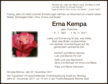 Todesanzeige von Erna Kempa von HNA