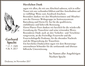 Todesanzeige von Gerhard Specht von HNA