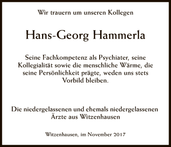 Todesanzeige von Hans-Georg Hammerla von HNA