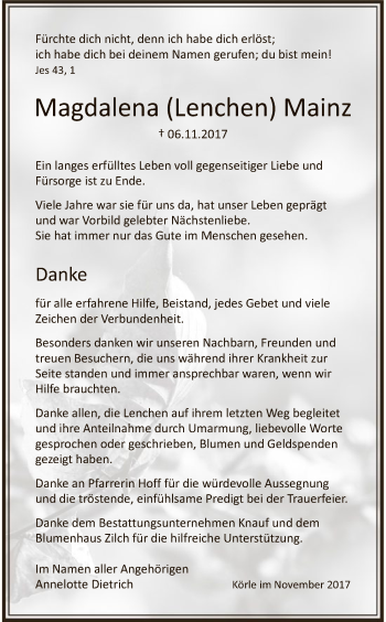 Todesanzeige von Magdalena Lenchen Mainz von HNA
