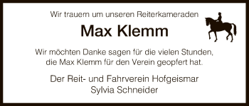 Todesanzeige von Max Klemm von HNA