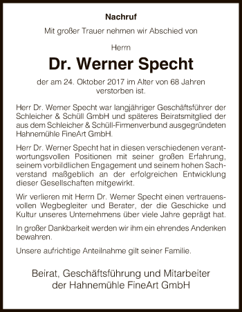Todesanzeige von Werner Specht von HNA
