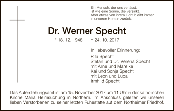 Todesanzeige von Werner Specht von HNA