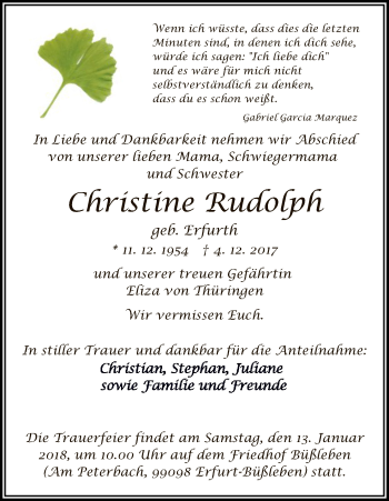Todesanzeige von Christine Rudolph von HNA
