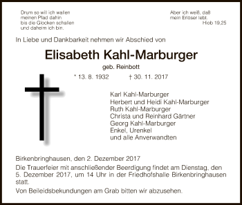 Todesanzeige von Elisabeth Kahl-Marburger von HNA
