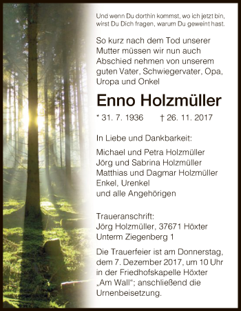 Todesanzeige von Enno Holzmüller von HNA