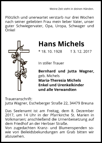 Todesanzeige von Hans Michels von HNA