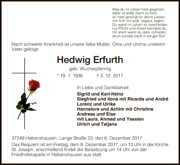 Todesanzeige von Hedwig Erfurth von HNA