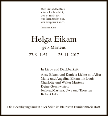 Todesanzeige von Helga Eikam von HNA