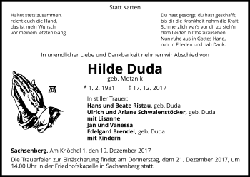 Todesanzeige von Hilde Duda von HNA