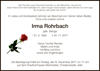 Todesanzeige von Irma Rohrbach von HNA