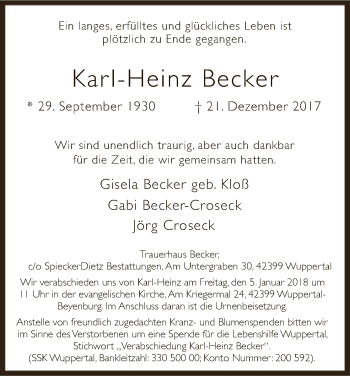 Todesanzeige von Karl-Heinz Becker von HNA