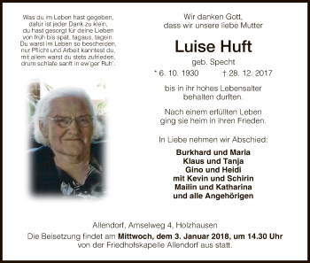 Todesanzeige von Luise Huft von HNA