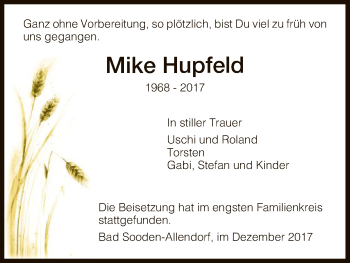 Todesanzeige von Mike Hupfeld von HNA