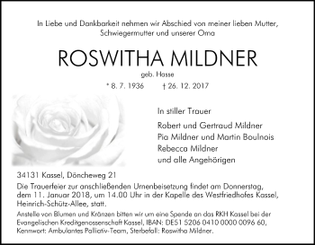 Todesanzeige von Roswita Mildner von HNA