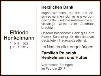 Todesanzeige von Elfriede Henkelmann von HNA