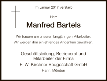 Todesanzeige von Manfred Bartels von HNA