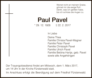 Todesanzeige von Paul Pavel von HNA
