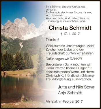 Todesanzeige von Christa Schmidt von HNA