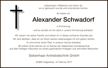 Todesanzeige von Alexander Schwadorf von HNA