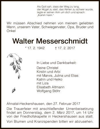 Todesanzeige von Walter Messerschmidt von HNA