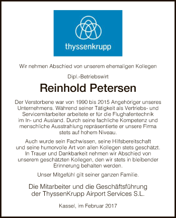 Todesanzeige von Petersen Reinhold von HNA