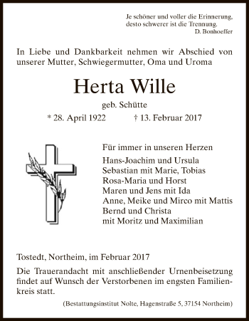 Todesanzeige von Herta Wille von HNA