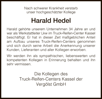 Todesanzeige von Harald Hedel von HNA
