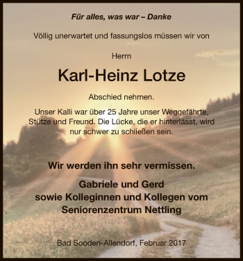 Todesanzeige von Karl-Heinz Lotze von HNA