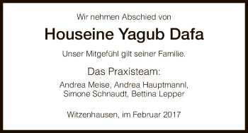 Todesanzeige von Houseine Yagub Dafa von HNA