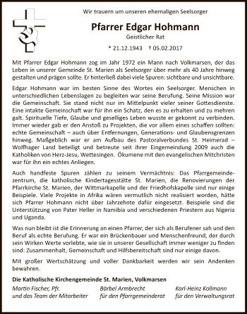 Todesanzeige von Edgar Hohmann von HNA