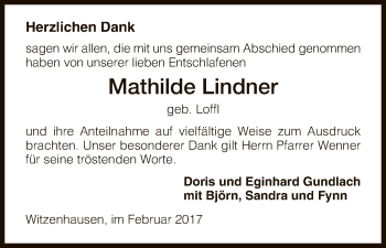 Todesanzeige von Mathilde Lindner von HNA