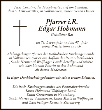 Todesanzeige von Edgar Hohmann von HNA