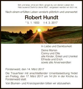 Todesanzeige von Robert Hundt von HNA