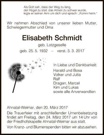 Todesanzeige von Elisabeth Schmidt von HNA