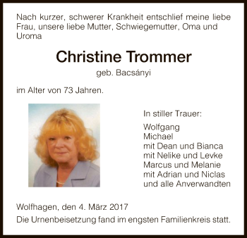 Todesanzeige von Christine Trommer von HNA