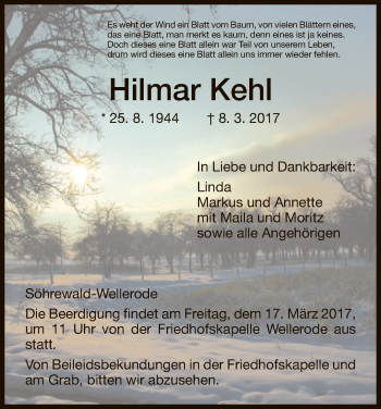 Todesanzeige von Hilmar Kehl von HNA