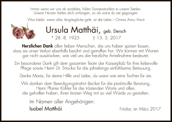 Todesanzeige von Ursula Matthäi von HNA