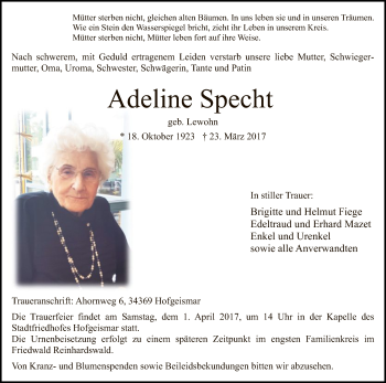Todesanzeige von Adeline Specht von HNA