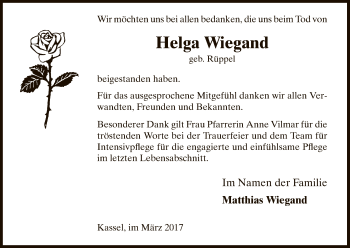 Todesanzeige von Helga Wiegand von HNA