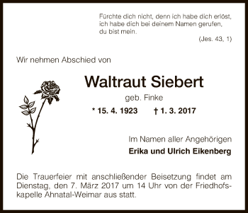 Todesanzeige von Waltraut Siebert von HNA