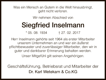 Todesanzeige von Siegfried Inselmann von HNA