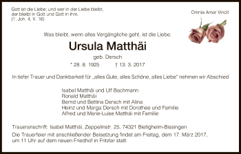 Todesanzeige von Ursula Matthäi von HNA