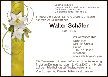 Todesanzeige von Walter Schäfer von HNA