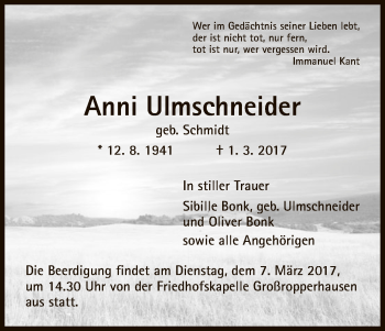 Todesanzeige von Anni Ulmschneider von HNA