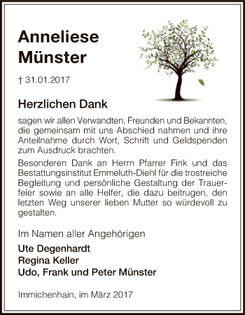 Todesanzeige von Anneliese Münster von HNA